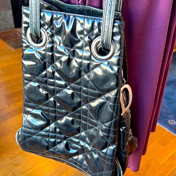 Dior Cannage Quilted Large Black Patent Leather Hobo Tote Bag + Dust Bag - Picture 1 of 14